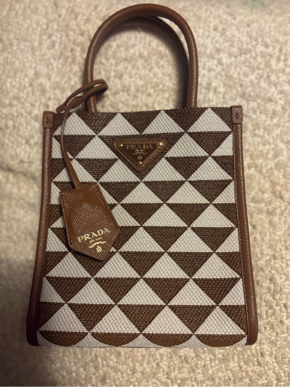 Prada Brown & White Geometric Canvas Satchel with Leather Trim - Picture 3 of 5